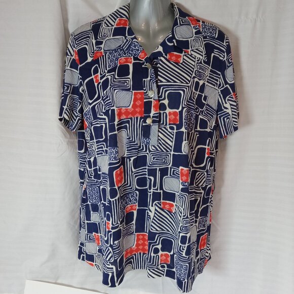 Vintage Blouse Button Down Shirt Women's Sz XL Blue Red White Geometric Retro - Picture 1 of 14